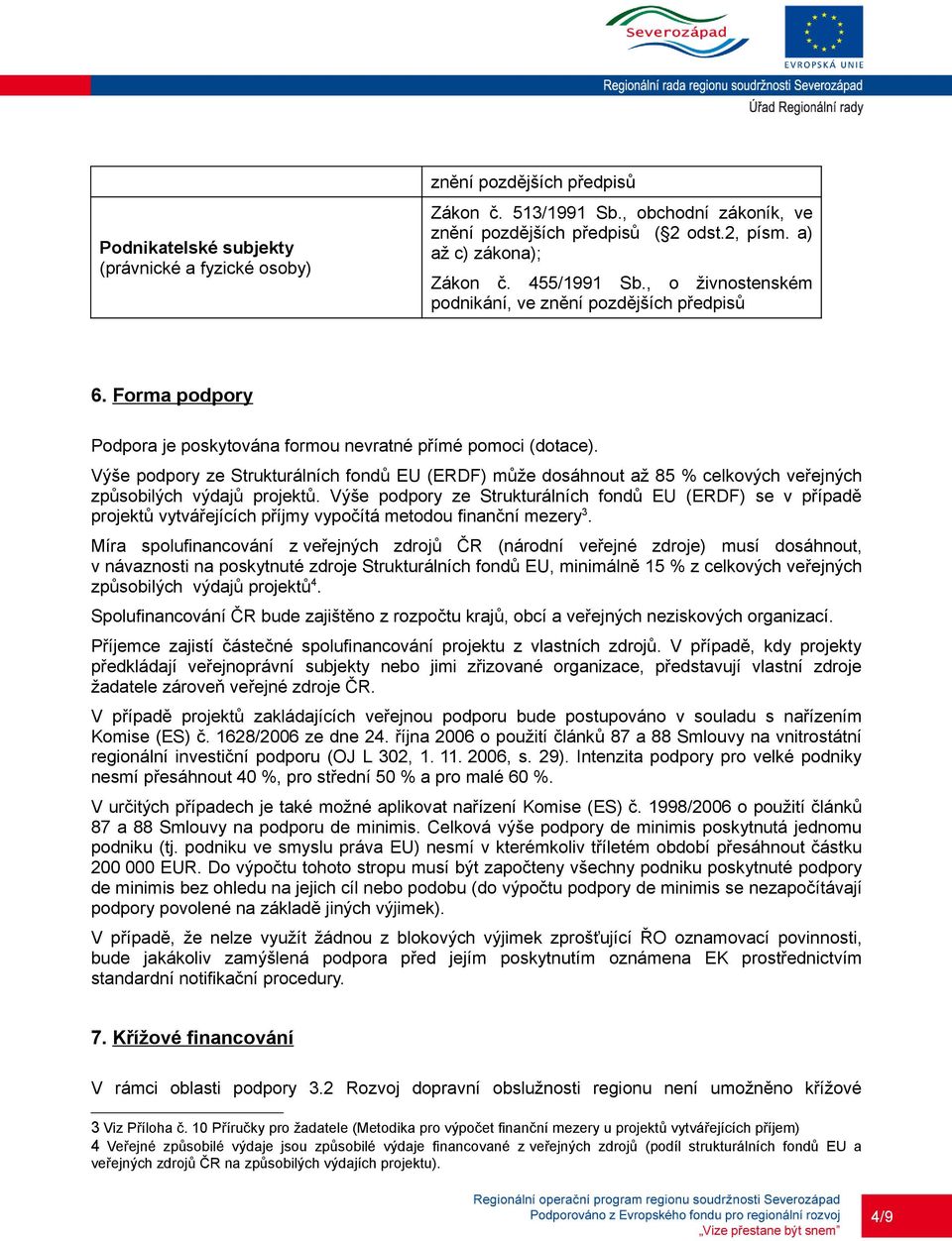 Výše podpory ze Strukturálních fondů EU (ERDF) může dosáhnout až 85 % celkových veřejných způsobilých výdajů projektů.