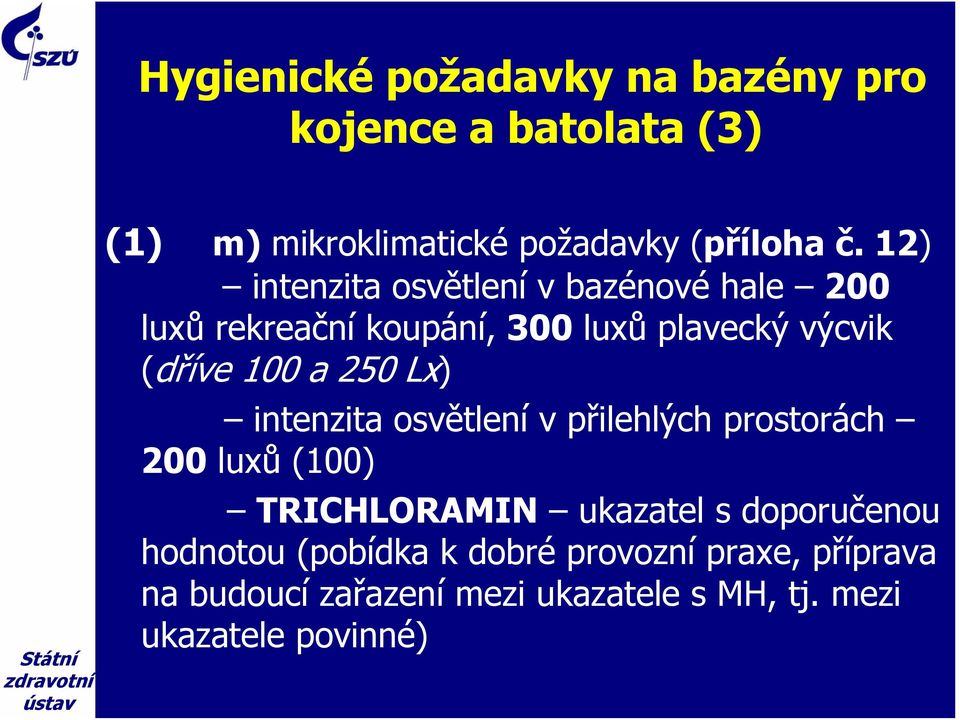 250 Lx) intenzita osvětlení v přilehlých prostorách 200 luxů (100) TRICHLORAMIN ukazatel s doporučenou