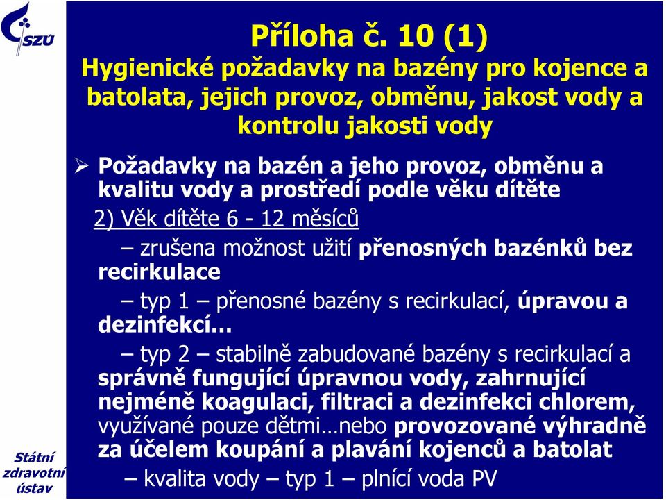 obměnu a kvalitu vody a prostředí podle věku dítěte 2) Věk dítěte 6-12 měsíců zrušena možnost užitípřenosných bazénků bez recirkulace typ 1 přenosné bazény