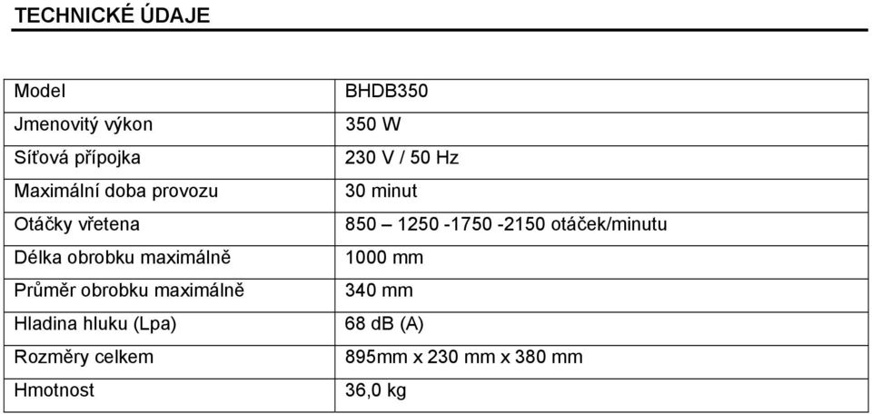 (Lpa) Rozměry celkem Hmotnost BHDB350 350 W 230 V / 50 Hz 30 minut 850