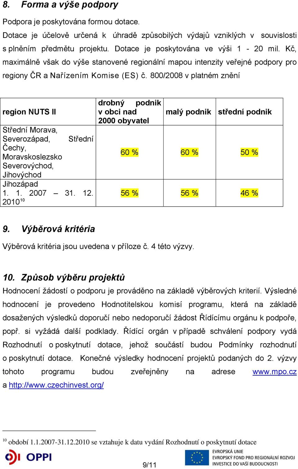 800/2008 v platném znění drobný podnik region NUTS II v obci nad malý podnik střední podnik 2000 obyvatel Střední Morava, Severozápad, Střední Čechy, Moravskoslezsko 60 % 60 % 50 % Severovýchod,