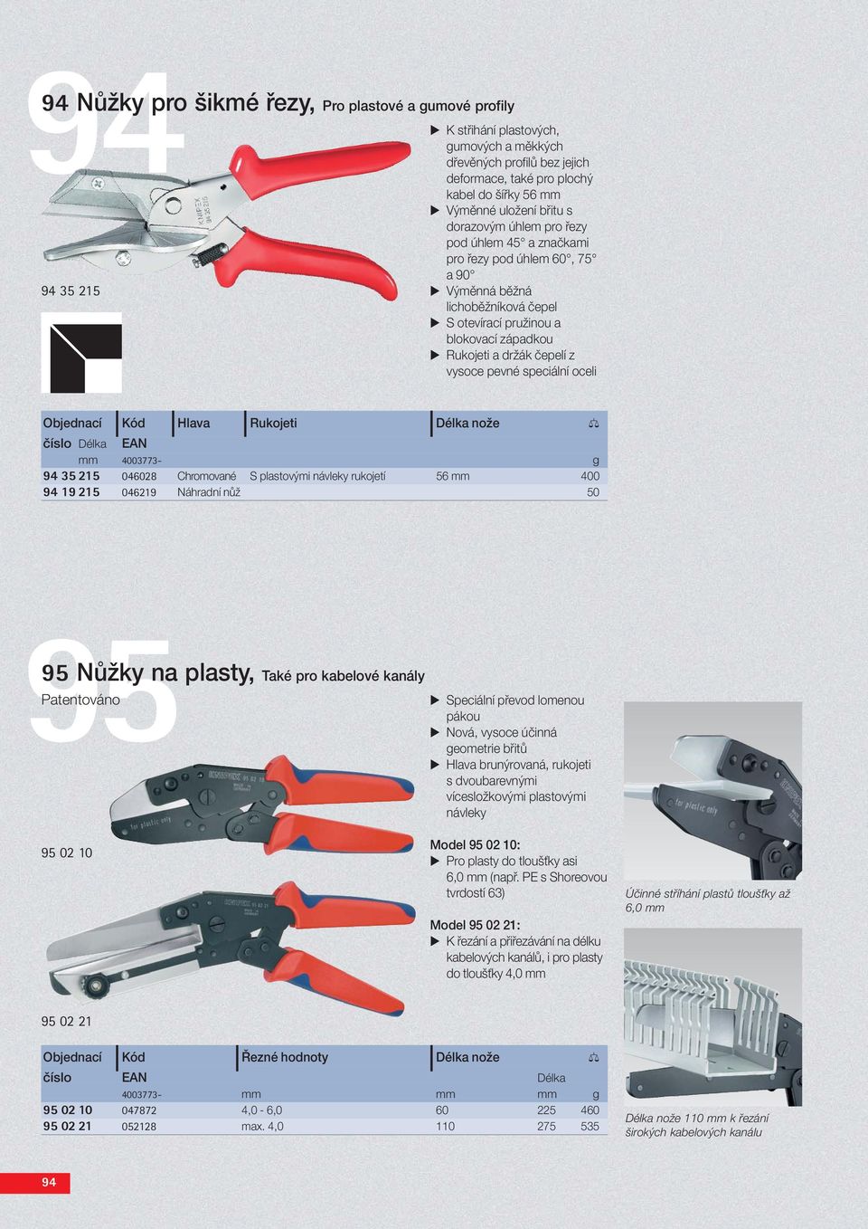 Hlava 9 Rukojeti 9 Délka nože mm 4003773- g 94 35 215 046028 Chromované S plastovými návleky rukojetí 56 mm 400 94 19 215 046219 Náhradní nůž 50 95 Nůžky na plasty, Také pro kabelové kanály