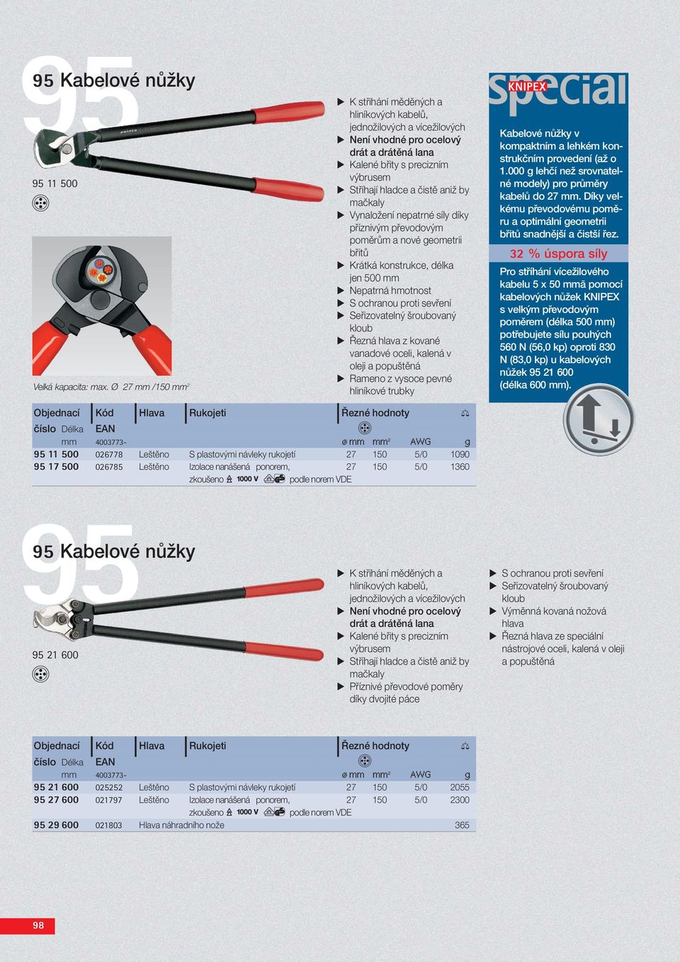 kované vanadové oceli, kalená v oleji a popuštěná Rameno z vysoce pevné hliníkové trubky Kabelové nůžky v kompaktním a lehkém konstrukčním provedení (až o 1.