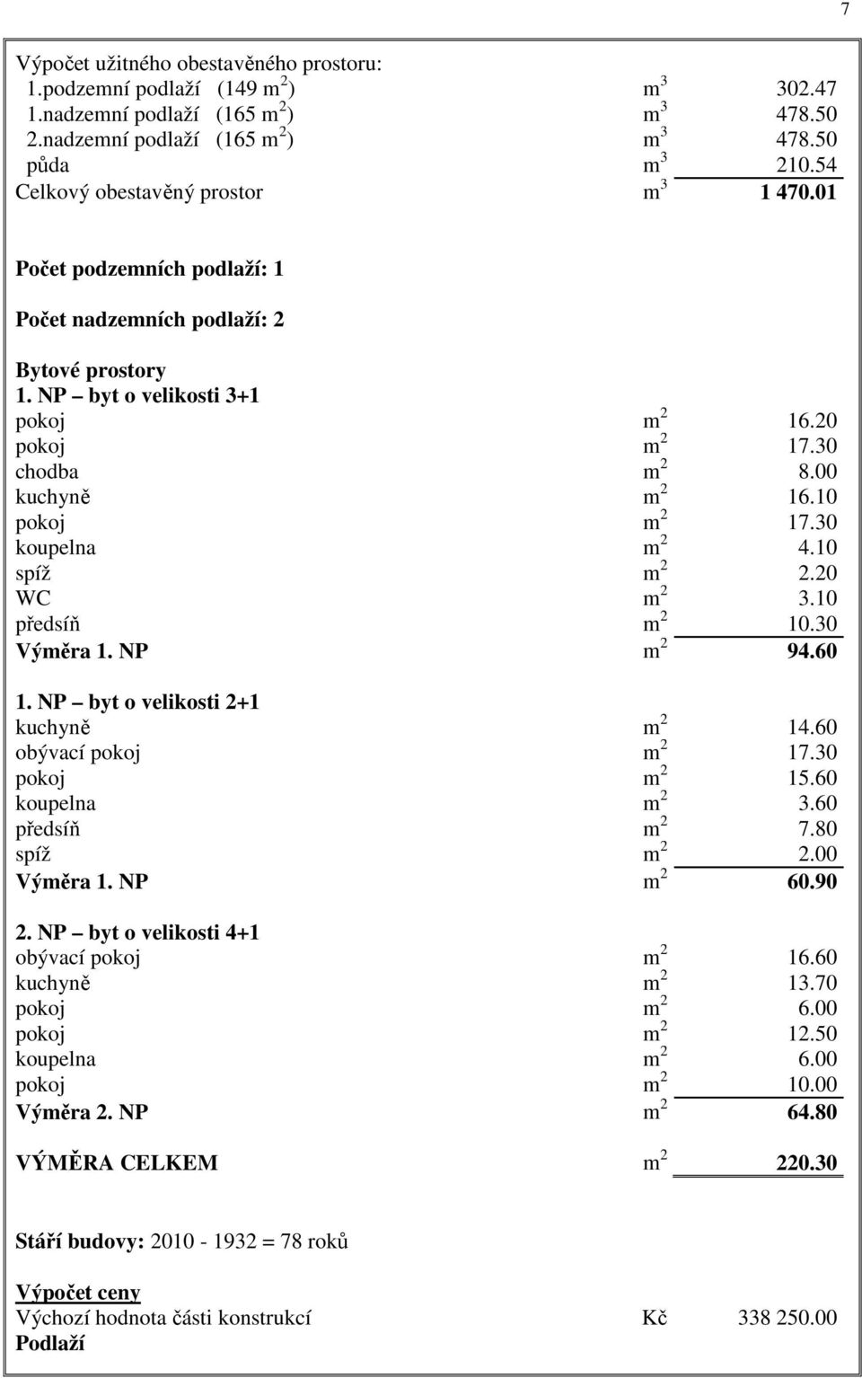 00 kuchyně m 2 16.10 pokoj m 2 17.30 koupelna m 2 4.10 spíž m 2 2.20 WC m 2 3.10 předsíň m 2 10.30 Výměra 1. NP m 2 94.60 1. NP byt o velikosti 2+1 kuchyně m 2 14.60 obývací pokoj m 2 17.