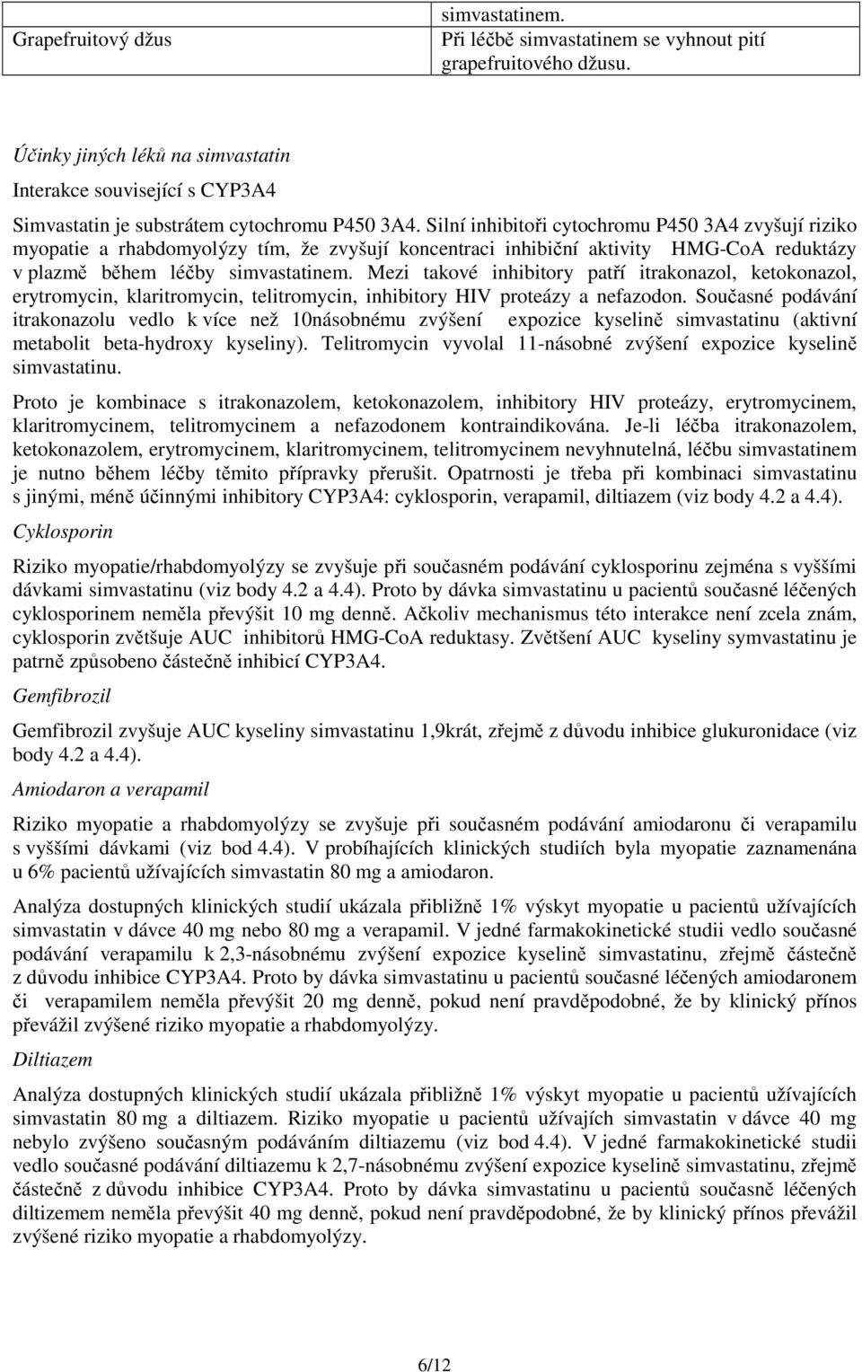 Silní inhibitoři cytochromu P450 3A4 zvyšují riziko myopatie a rhabdomyolýzy tím, že zvyšují koncentraci inhibiční aktivity HMG-CoA reduktázy v plazmě během léčby simvastatinem.