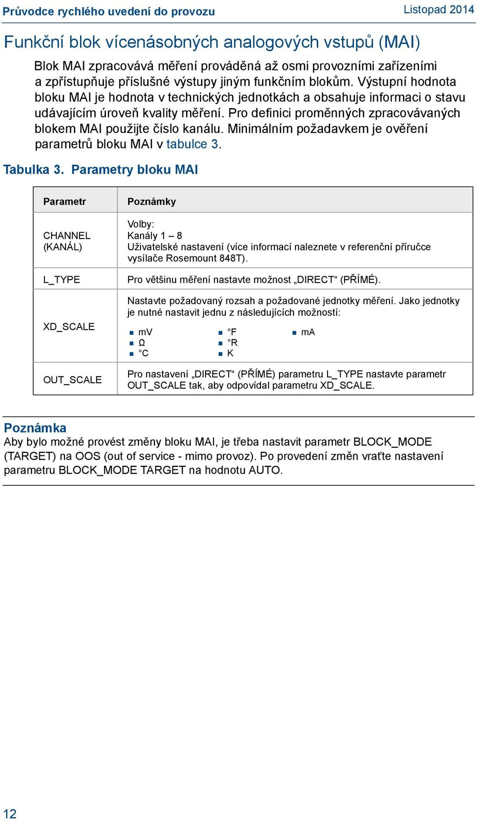 Pro definici proměnných zpracovávaných blokem MAI použijte číslo kanálu. Minimálním požadavkem je ověření parametrů bloku MAI v tabulce 3. Tabulka 3.