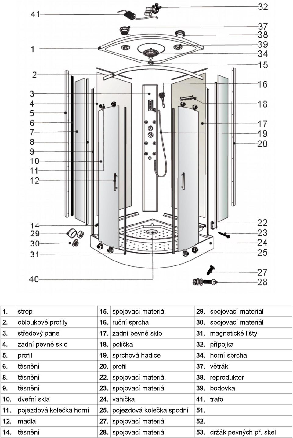 profil 37. větrák 8. těsnění 22. spojovací materiál 38. reproduktor 9. těsnění 23. spojovací materiál 39. bodovka 10. dveřní skla 24. vanička 41.