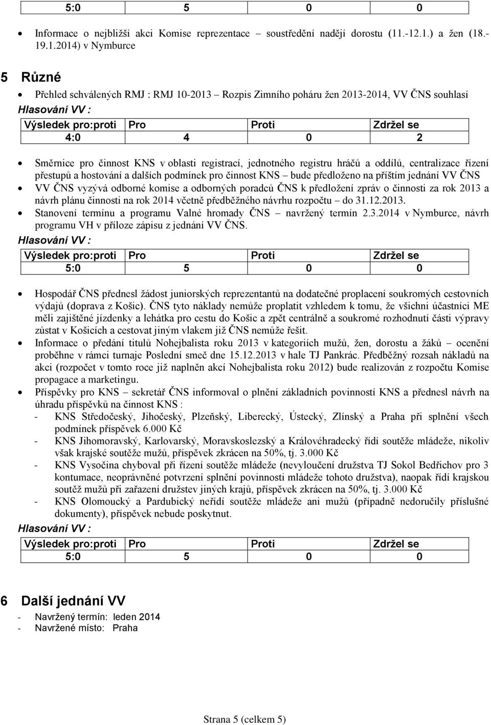 jednotného registru hráčů a oddílů, centralizace řízení přestupů a hostování a dalších podmínek pro činnost KNS bude předloženo na příštím jednání VV ČNS VV ČNS vyzývá odborné komise a odborných