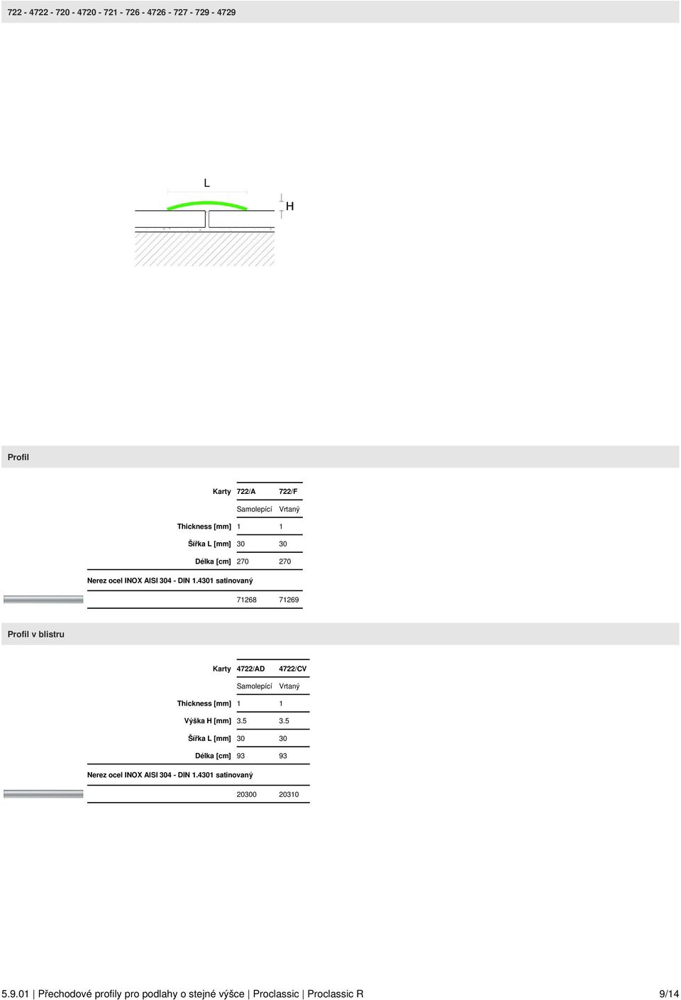 4301 satinovaný 71268 71269 Profil v blistru Karty 4722/AD 4722/CV Samolepící Vrtaný Thickness [mm] 1 1 Výška H [mm] 3.