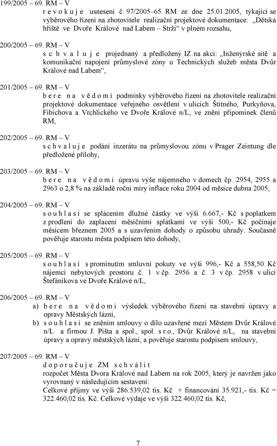 RM V s c h v a l u j e projednaný a předložený IZ na akci: Inženýrské sítě a komunikační napojení průmyslové zóny u Technických služeb města Dvůr Králové nad Labem, 201/2005 69.