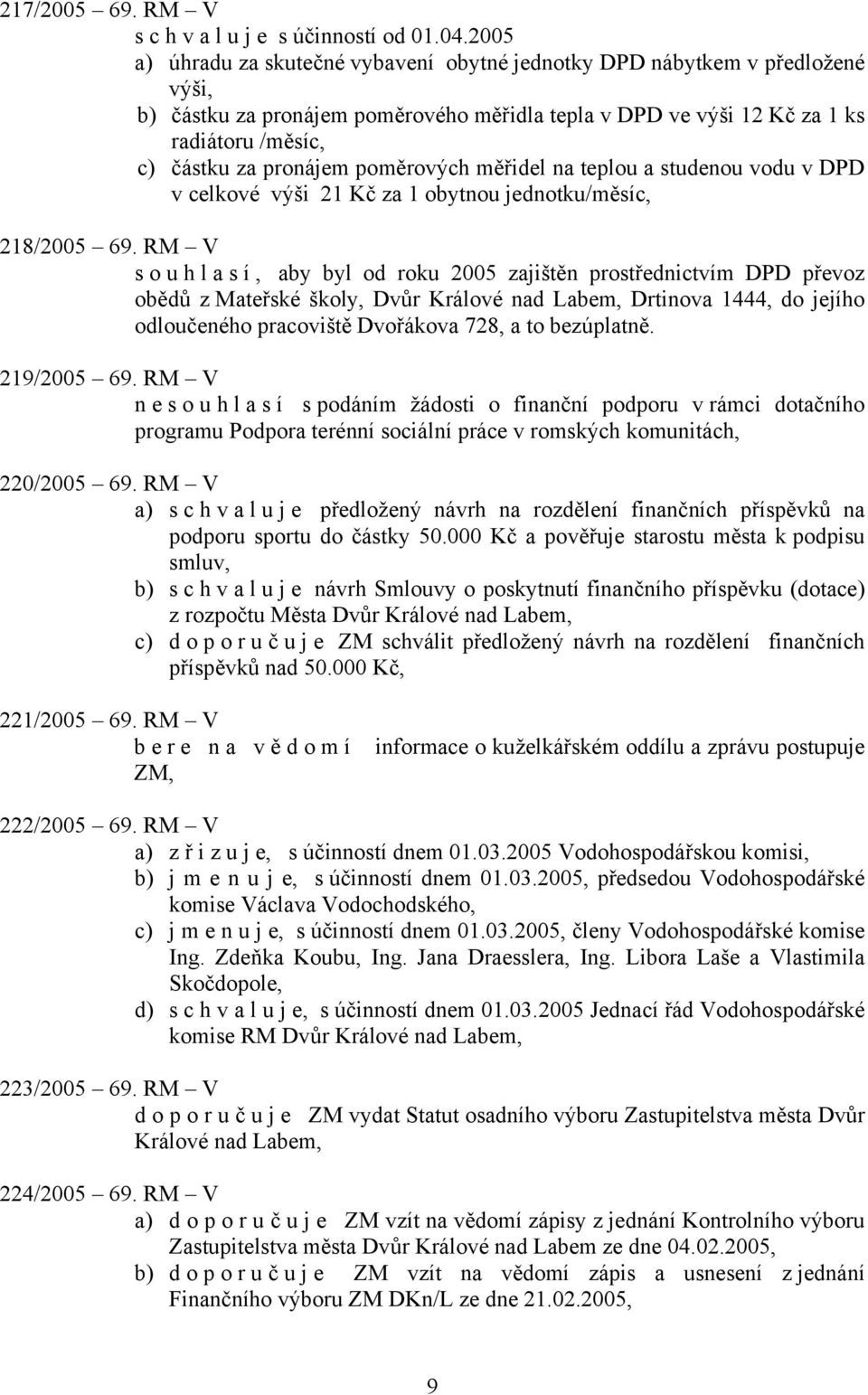 poměrových měřidel na teplou a studenou vodu v DPD v celkové výši 21 Kč za 1 obytnou jednotku/měsíc, 218/2005 69.