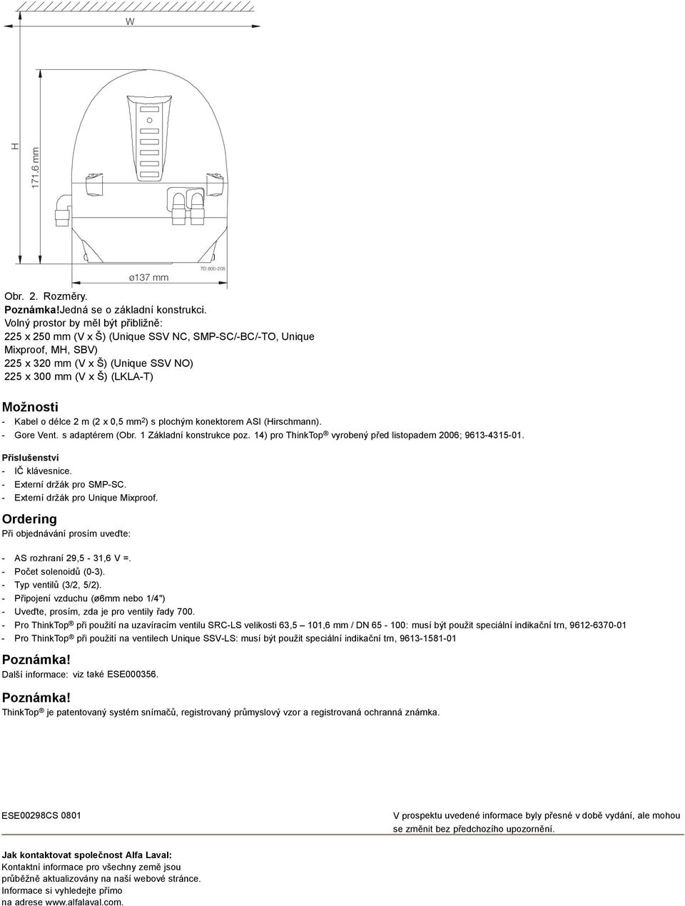 o délce 2 m (2 x 0,5 mm 2 ) s plochým konektorem ASI (Hirschmann). - Gore Vent. s adaptérem (Obr. 1 Základní konstrukce poz. 14) pro ThinkTop vyrobený před listopadem 2006; 9613-4315-01.