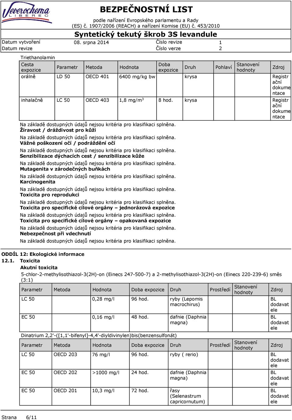 pro reprodukci Toxicita pro specifické cílové orgány jednorázová Toxicita pro specifické cílové orgány opakovaná Nebezpečnost při vdechnutí ODDÍL : Ekologické informace.