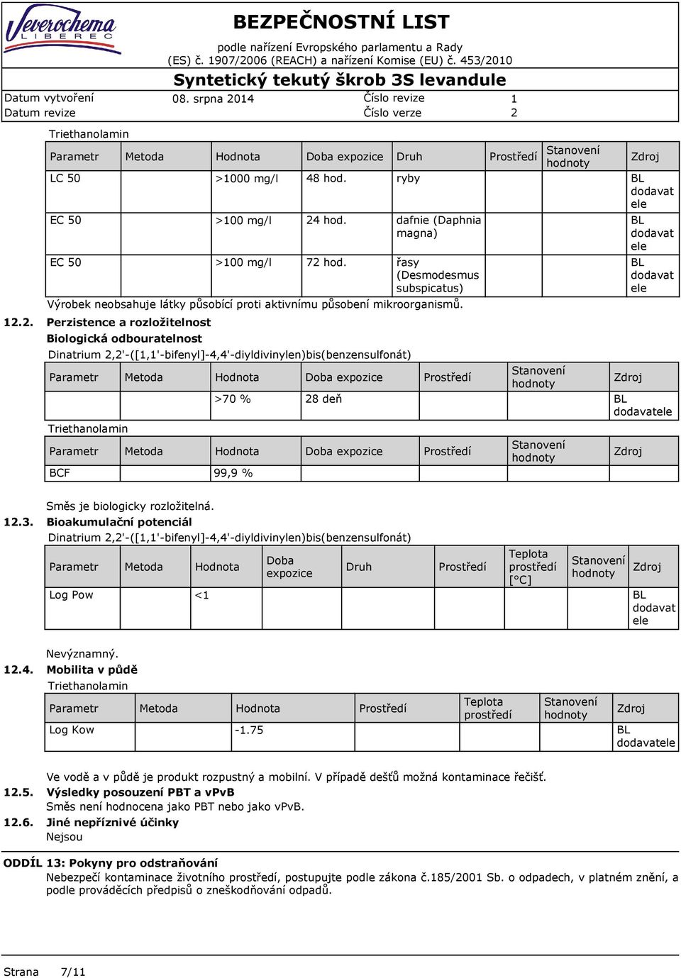 .. Perzistence a rozložitelnost Biologická odbouratelnost Dinatrium,'-([,'-bifenyl]-4,4'-diyldivinylen)bis(benzensulfonát) Doba >70 % 8 deň Doba BCF 99,9 % Směs je biologicky rozložitelná..3.