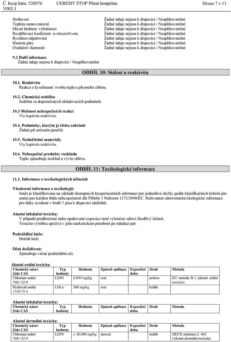 10.4. Podmínky, kterým je třeba zabránit Žádná při určeném použití. 10.5. Neslučitelné materiály Viz kapitola reaktivita. 10.6. Nebezpečné produkty rozkladu Teplo způsobuje rozklad a vývin chlóru. 11.