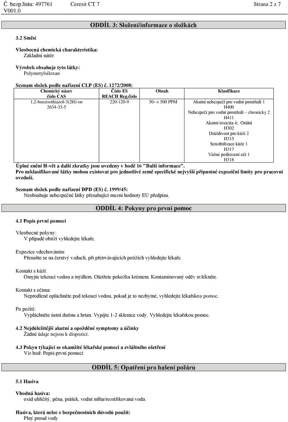 číslo 220-120-9 50- < 500 PPM Akutní nebezpečí pro vodní prostředí 1 H400 Nebezpečí pro vodní prostředí chricky 2 H411 Akutní toxicita 4; Orální H302 Dráždivost pro kůži 2 H315 Senzibilizace kůže 1