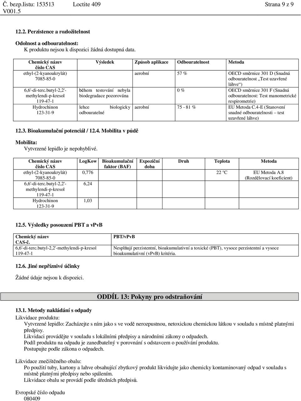 0 % OECD sm rnice 301 F (Snadná odbouratelnost: Test manometrické respirometrie) aerobní 75-81 % EU Metoda C.4-E (Stanovení snadné odbouratelnosti test uzav ené láhve) 12.3. Bioakumula ní potenciál / 12.