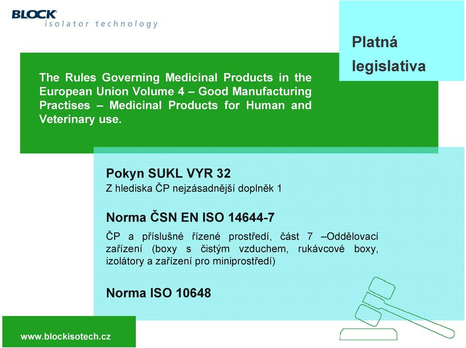 Platná legislativa Pokyn SUKL VYR 32 Z hlediska ČP nejzásadnější doplněk 1 Norma ČSN EN ISO 14644-7