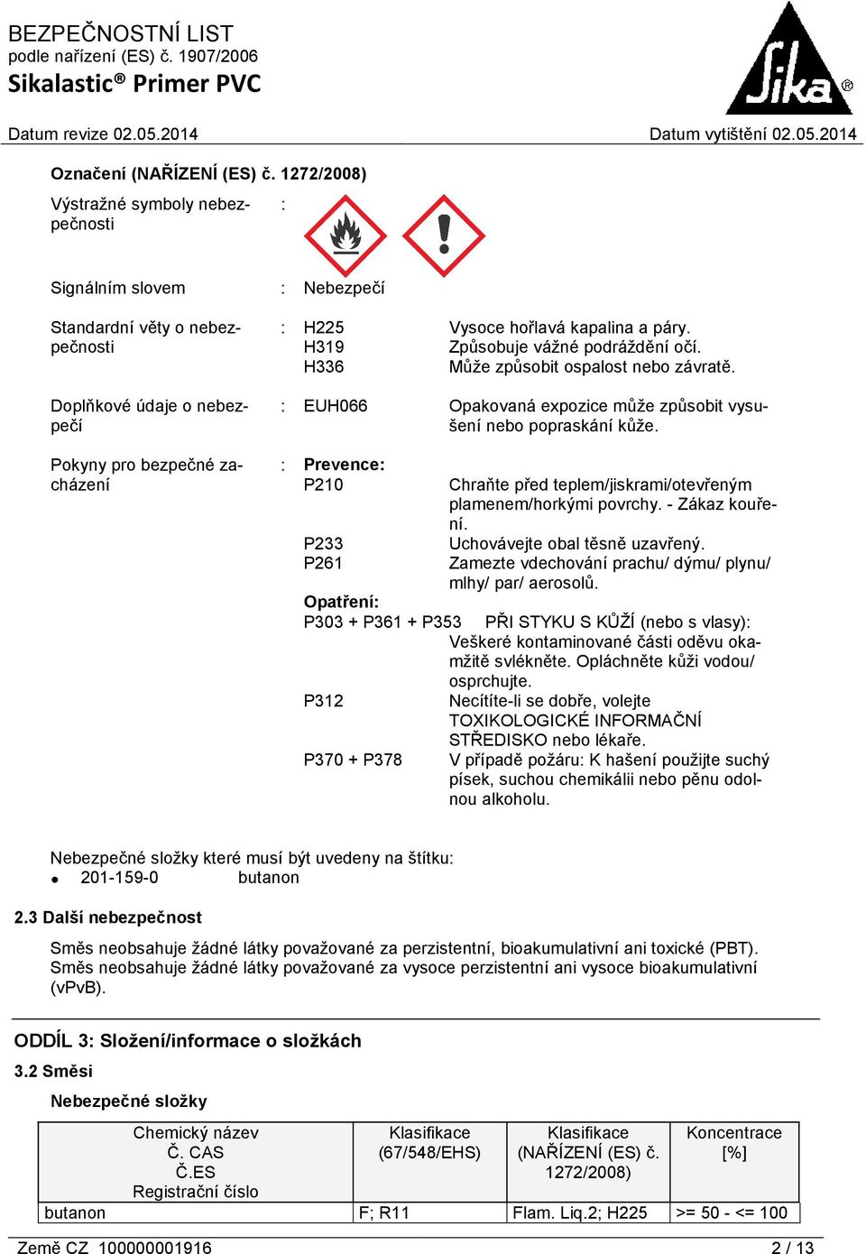 páry. H319 Způsobuje vážné podráždění očí. H336 Může způsobit ospalost nebo závratě. : EUH066 Opakovaná expozice může způsobit vysušení nebo popraskání kůže.