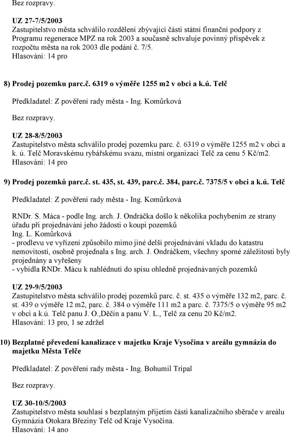 2003 dle podání č. 7/5. 8) Prodej pozemku parc.č. 6319 o výměře 1255 m2 v obci a k.ú. Telč Předkladatel: Z pověření rady města - Ing.