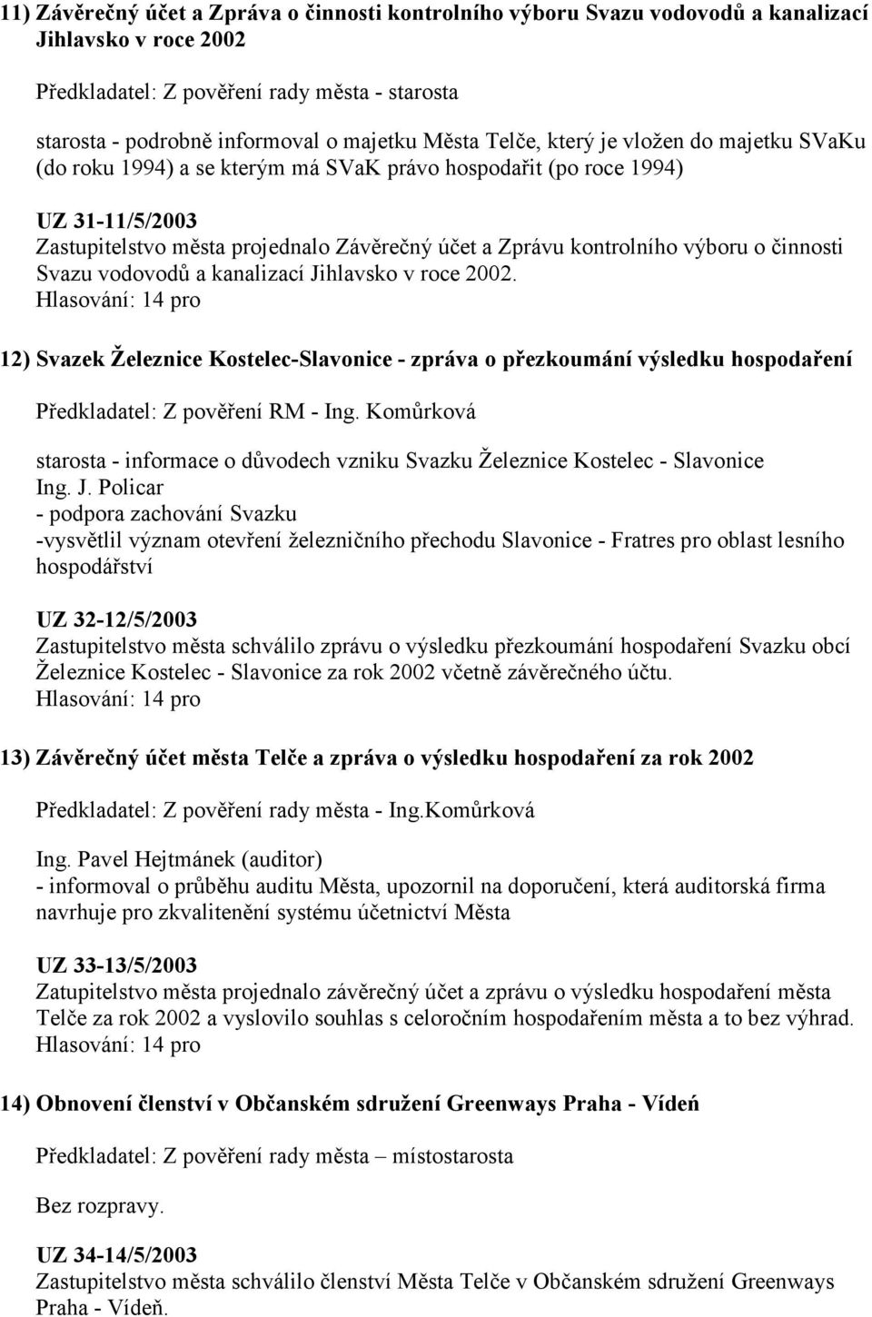 výboru o činnosti Svazu vodovodů a kanalizací Jihlavsko v roce 2002. 12) Svazek Železnice Kostelec-Slavonice - zpráva o přezkoumání výsledku hospodaření Předkladatel: Z pověření RM - Ing.