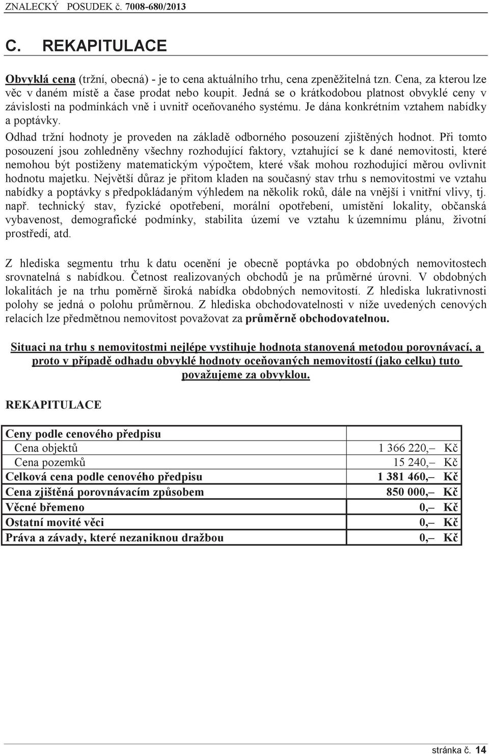 Odhad tržní hodnoty je proveden na základě odborného posouzení zjištěných hodnot.