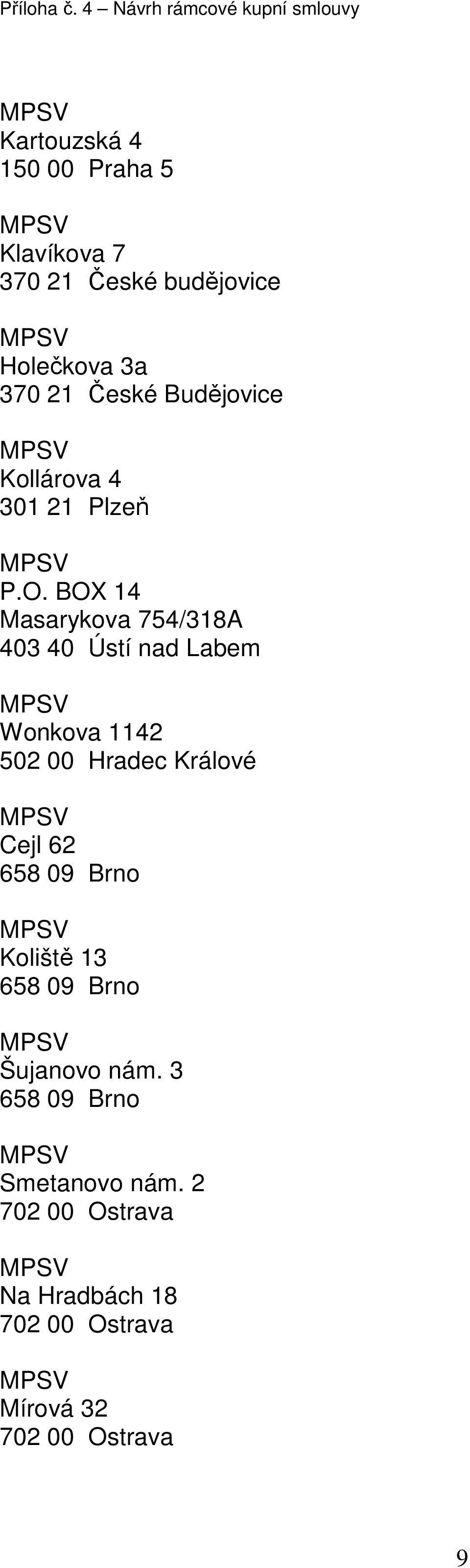 BOX 14 Masarykova 754/318A 403 40 Ústí nad Labem Wonkova 1142 502 00 Hradec Králové Cejl 62