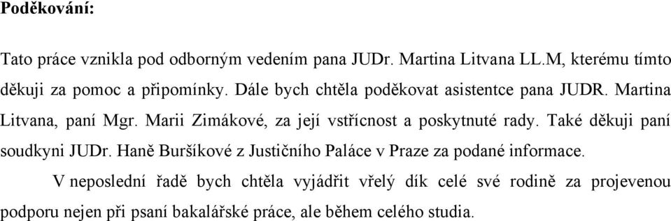 Marii Zimákové, za její vstřícnost a poskytnuté rady. Také děkuji paní soudkyni JUDr.