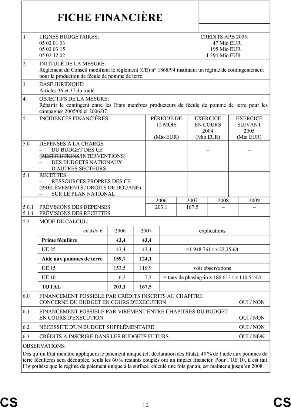 BASE JURIDIQUE: Articles 36 et 37 du traité 4. OBJECTIFS DE LA MESURE: Répartir le contingent entre les Etats membres producteurs de fécule de pomme de terre pour les campagnes 2005/06 et 2006/07. 5.