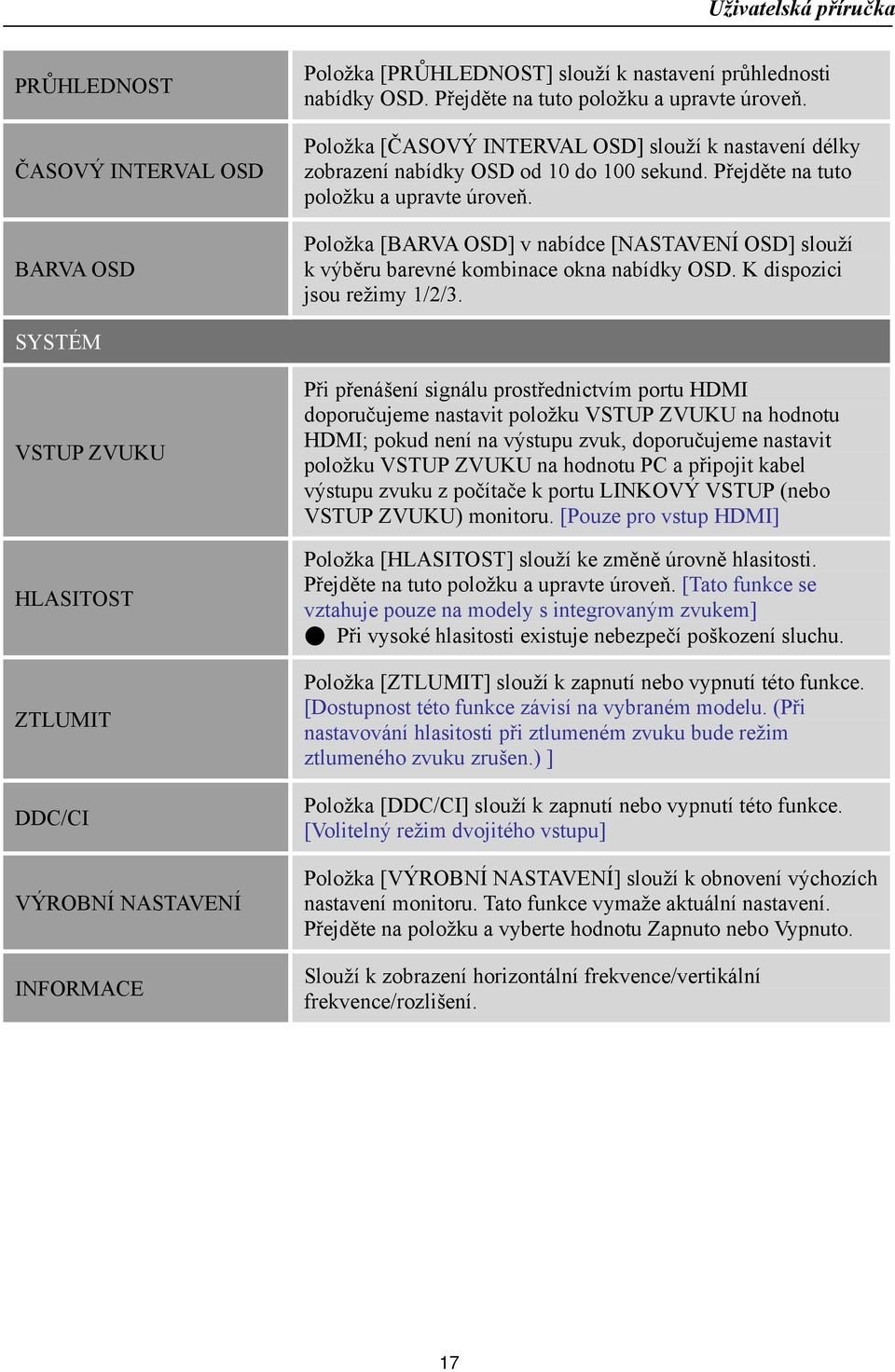 Položka [BARVA OSD] v nabídce [NASTAVENÍ OSD] slouží k výběru barevné kombinace okna nabídky OSD. K dispozici jsou režimy 1/2/3.