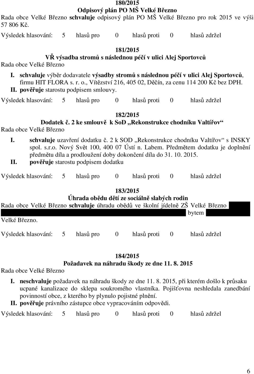 pověřuje starostu podpisem smlouvy. 182/2015 Dodatek č. 2 ke smlouvě k SoD Rekonstrukce chodníku Valtířov I. schvaluje uzavření dodatku č. 2 k SOD Rekonstrukce chodníku Valtířov s INSKY spol. s.r.o. Nový Svět 100, 400 07 Ústí n.