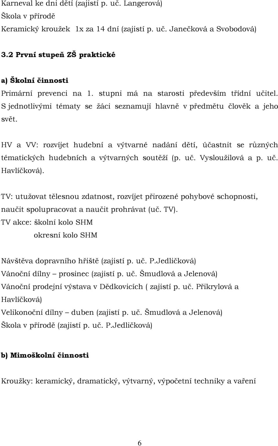 HV a VV: rozvíjet hudební a výtvarné nadání dětí, účastnit se různých tématických hudebních a výtvarných soutěží (p. uč. Vysloužilová a p. uč. Havlíčková).