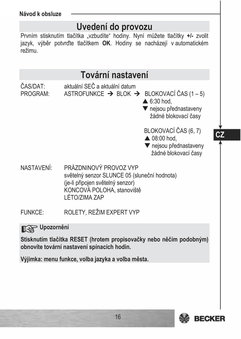 p ednastaveny žádné blokovací asy CZ NASTAVENÍ: FUNKCE: PRÁZDNINOVÝ PROVOZ VYP sv telný senzor SLUNCE 05 (slune ní hodnota) (je-li p ipojen sv telný senzor) KONCOVÁ POLOHA, stanovišt