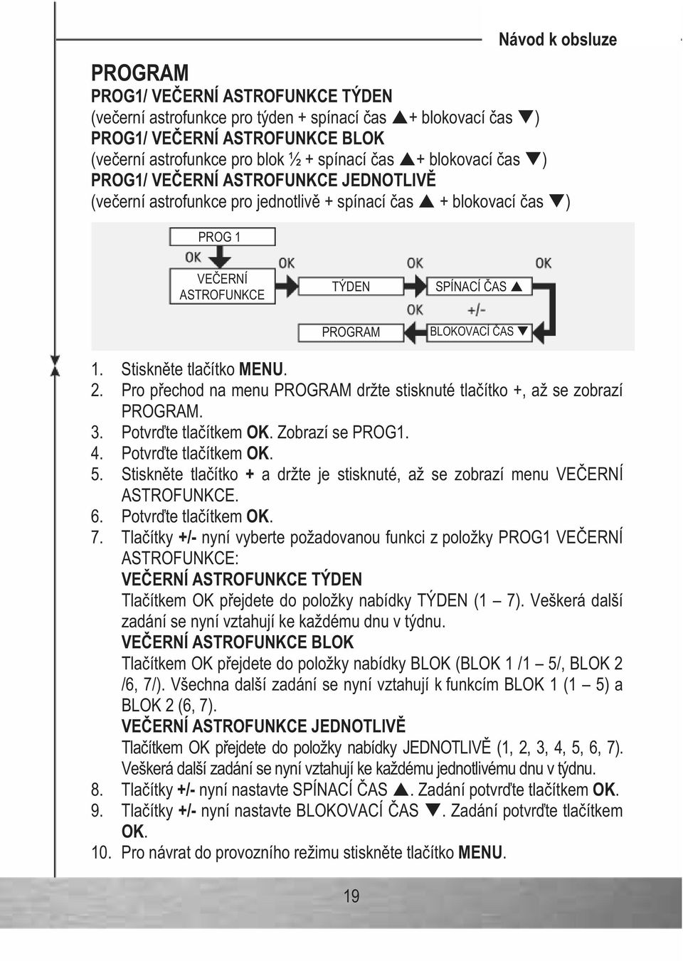 Pro p echod na menu PROGRAM držte stisknuté tla ítko +, až se zobrazí PROGRAM. 3. Potvr te tla ítkem OK. Zobrazí se PROG1. 4. Potvr te tla ítkem OK. 5.