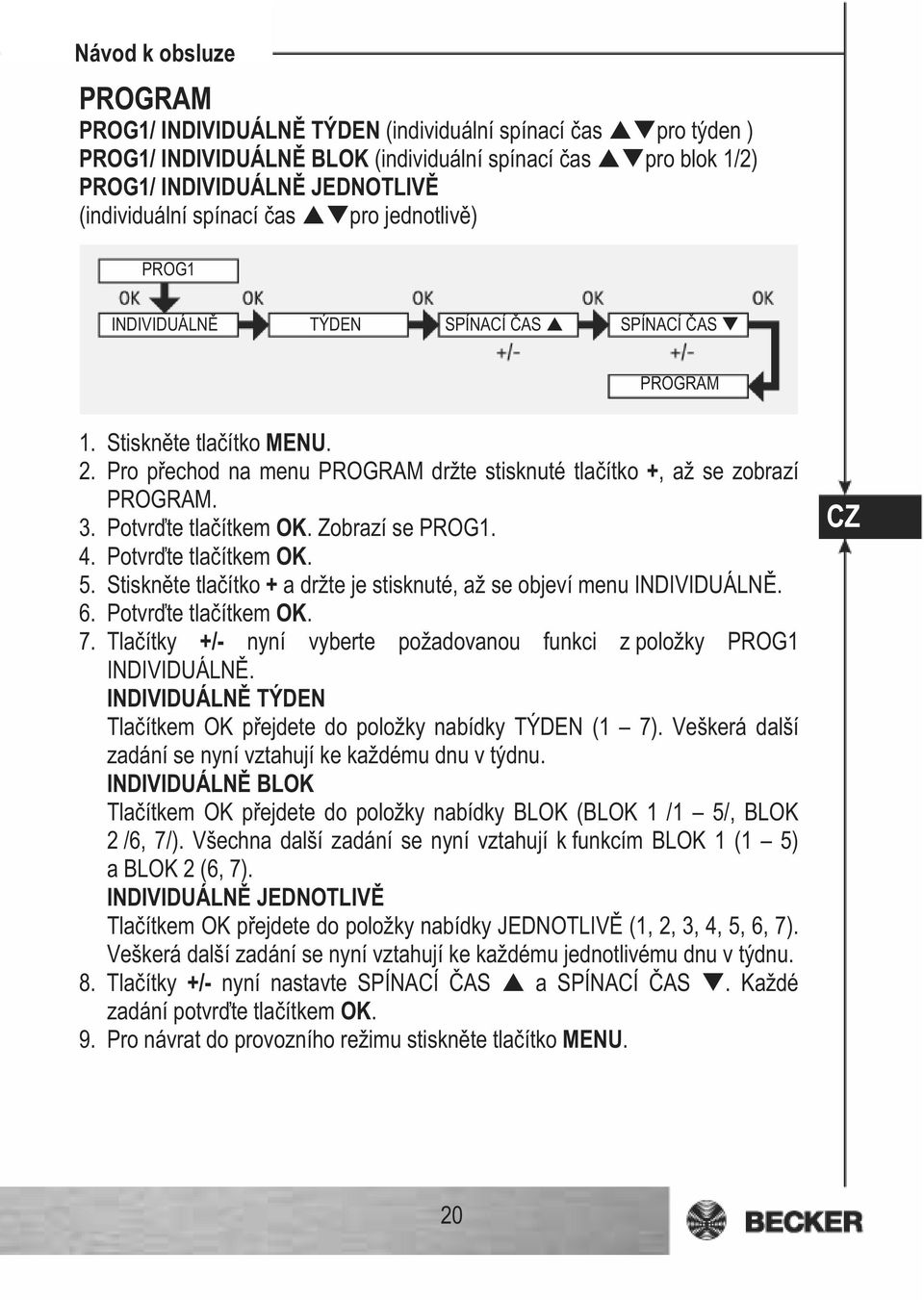 Potvr te tla ítkem OK. Zobrazí se PROG1. 4. Potvr te tla ítkem OK. 5. Stiskn te tla ítko + a držte je stisknuté, až se objeví menu INDIVIDUÁLN. 6. Potvr te tla ítkem OK. 7.