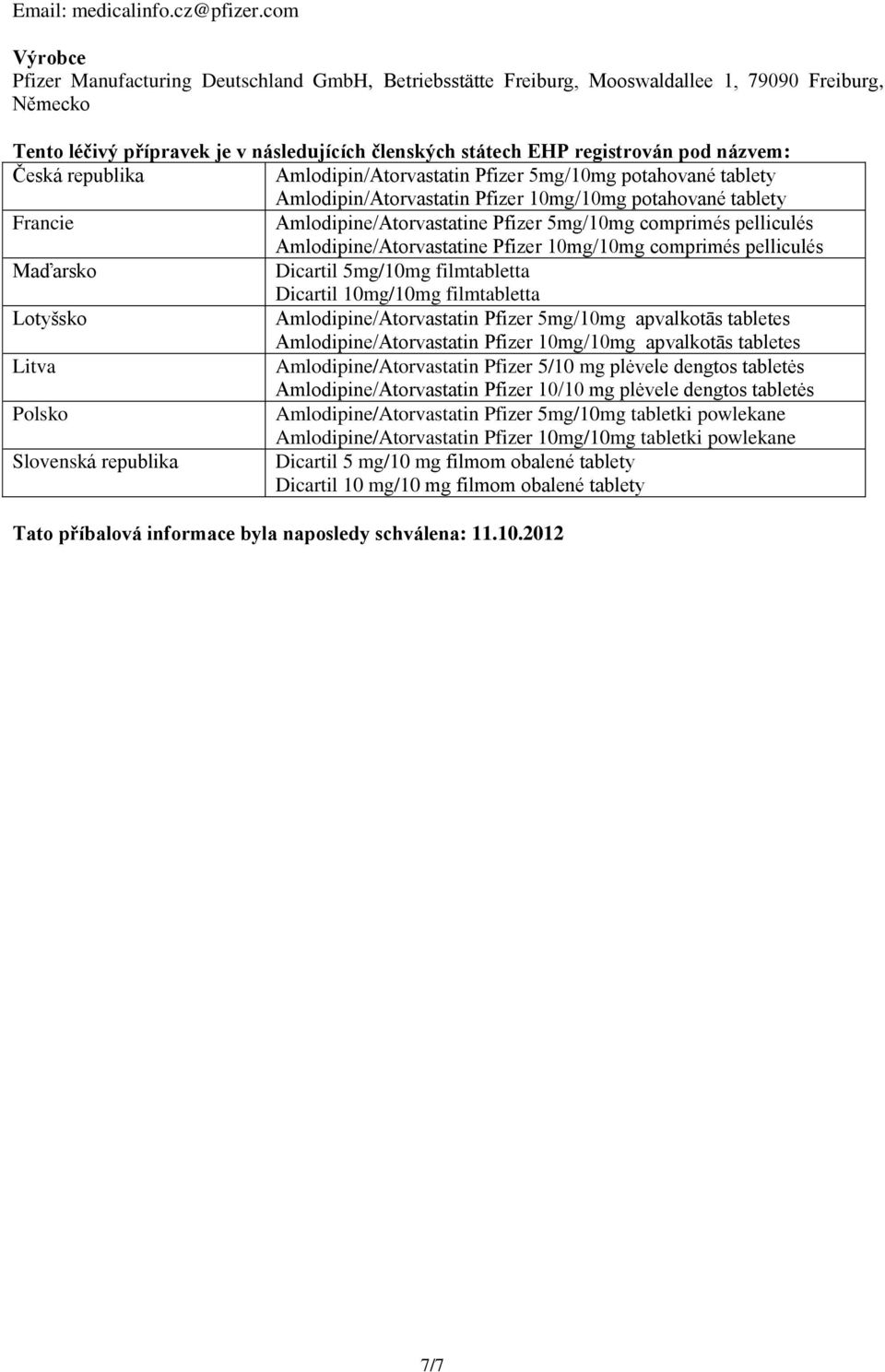 názvem: Česká republika Amlodipin/Atorvastatin Pfizer 5mg/10mg potahované tablety Amlodipin/Atorvastatin Pfizer 10mg/10mg potahované tablety Francie Amlodipine/Atorvastatine Pfizer 5mg/10mg comprimés