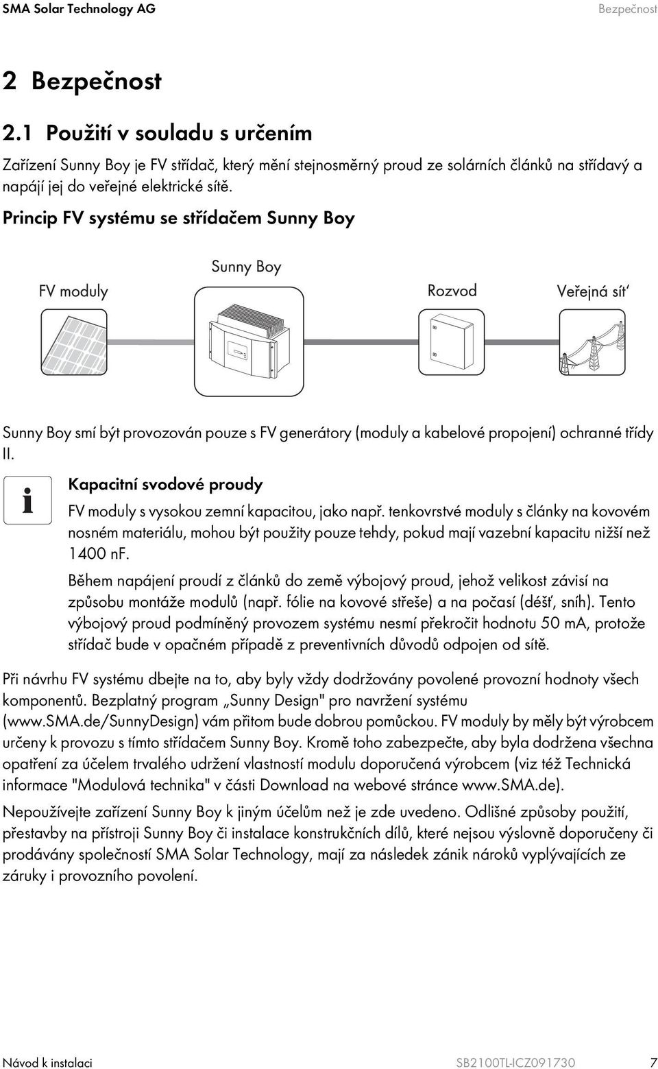 Princip FV systému se střídačem Sunny Boy Sunny Boy smí být provozován pouze s FV generátory (moduly a kabelové propojení) ochranné třídy II.