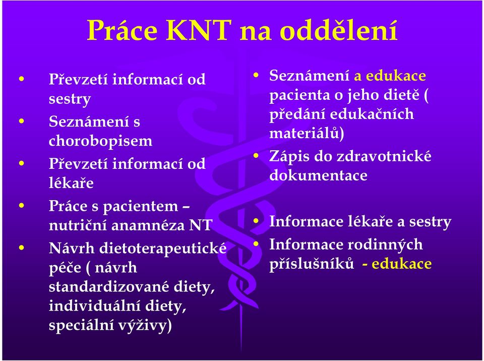 individuální diety, speciální výživy) Seznámení a edukace pacienta o jeho dietě ( předání edukačních