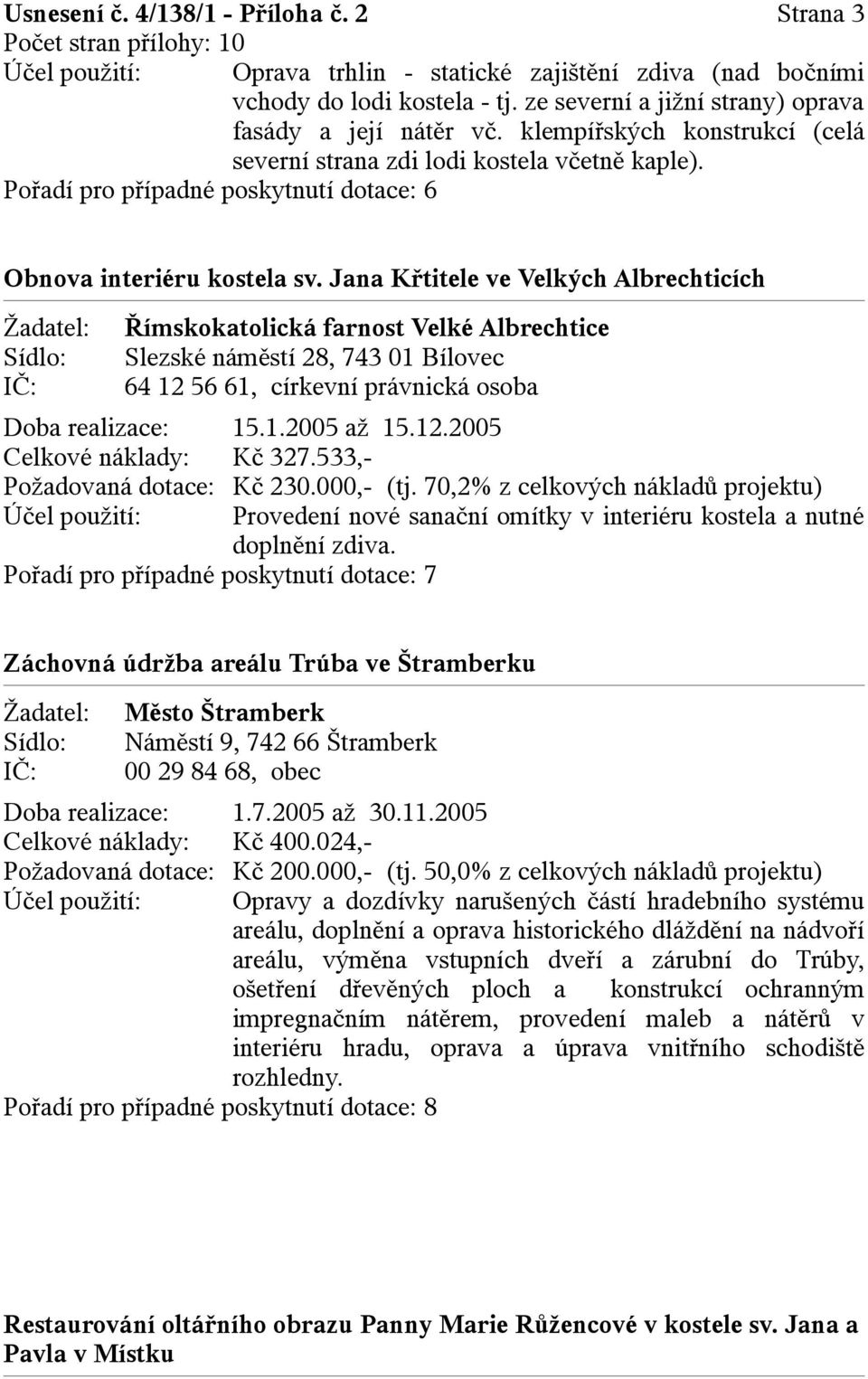 Jana Křtitele ve Velkých Albrechticích Římskokatolická farnost Velké Albrechtice Slezské náměstí 28, 743 01 Bílovec 64 12 56 61, církevní právnická osoba Celkové náklady: Kč 327.