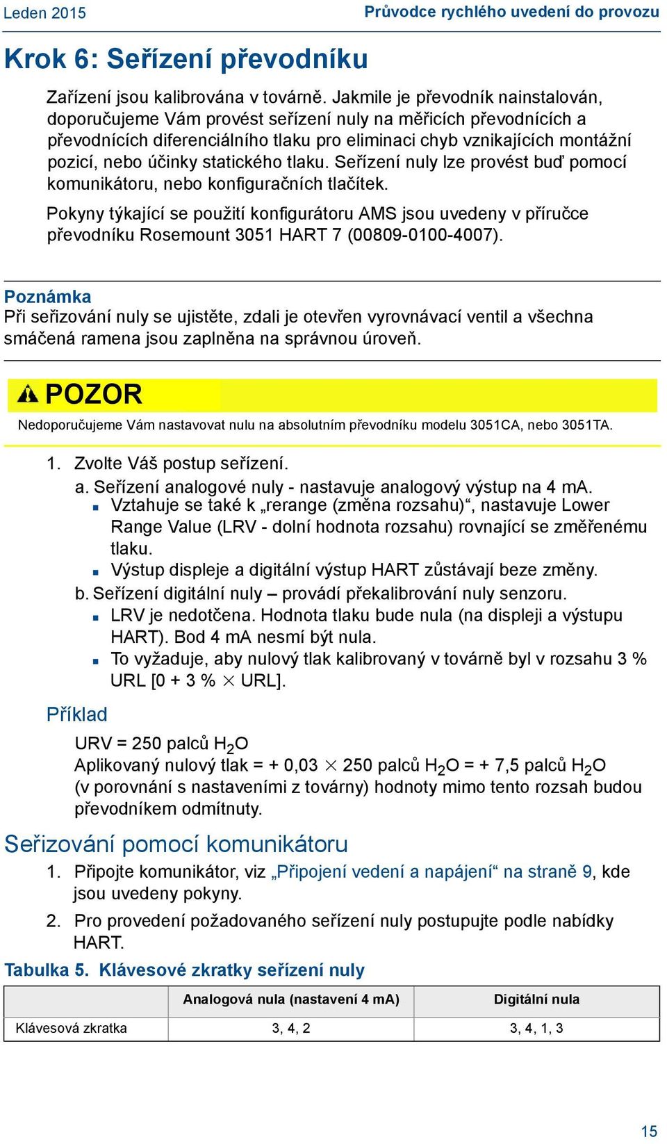statického tlaku. Seřízení nuly lze provést buď pomocí komunikátoru, nebo konfiguračních tlačítek.