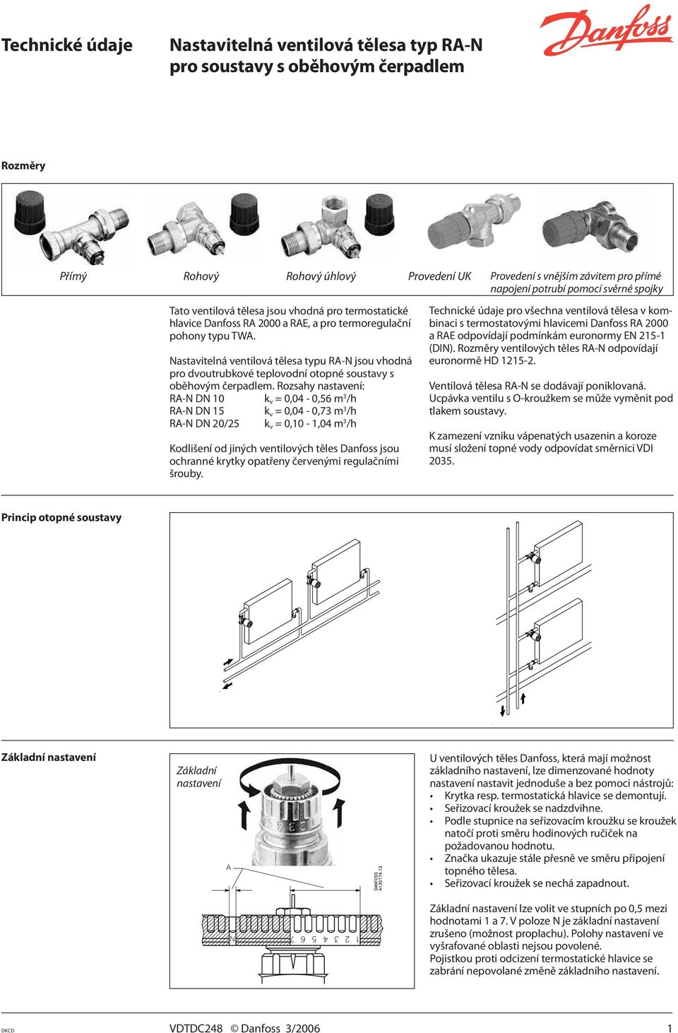 Rozsahy nastavení: RA-N DN 10 k v = 0,04-0,56 m 3 /h RA-N DN 15 k v = 0,04-0,73 m 3 /h RA-N DN 20/25 k v = 0,10-1,04 m 3 /h Kodlišení od jiných ventilových těles Danfoss jsou ochranné krytky opatřeny