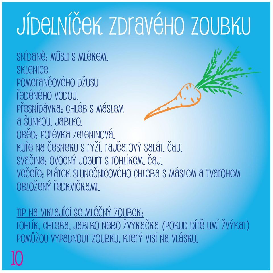 Svačina: Ovocný jogurt s rohlíkem. Čaj. Večeře: Plátek slunečnicového chleba s máslem a tvarohem obložený ředkvičkami.