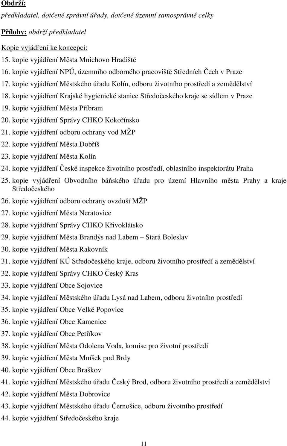 kopie vyjádření Krajské hygienické stanice Středočeského kraje se sídlem v Praze 19. kopie vyjádření Města Příbram 20. kopie vyjádření Správy CHKO Kokořínsko 21.