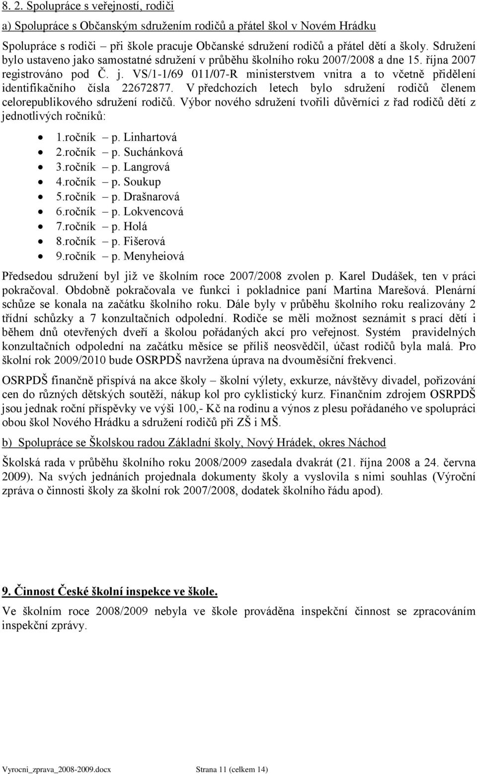 V předchozích letech bylo sdruţení rodičů členem celorepublikového sdruţení rodičů. Výbor nového sdruţení tvořili důvěrníci z řad rodičů dětí z jednotlivých ročníků: 1.ročník p. Linhartová 2.ročník p. Suchánková 3.