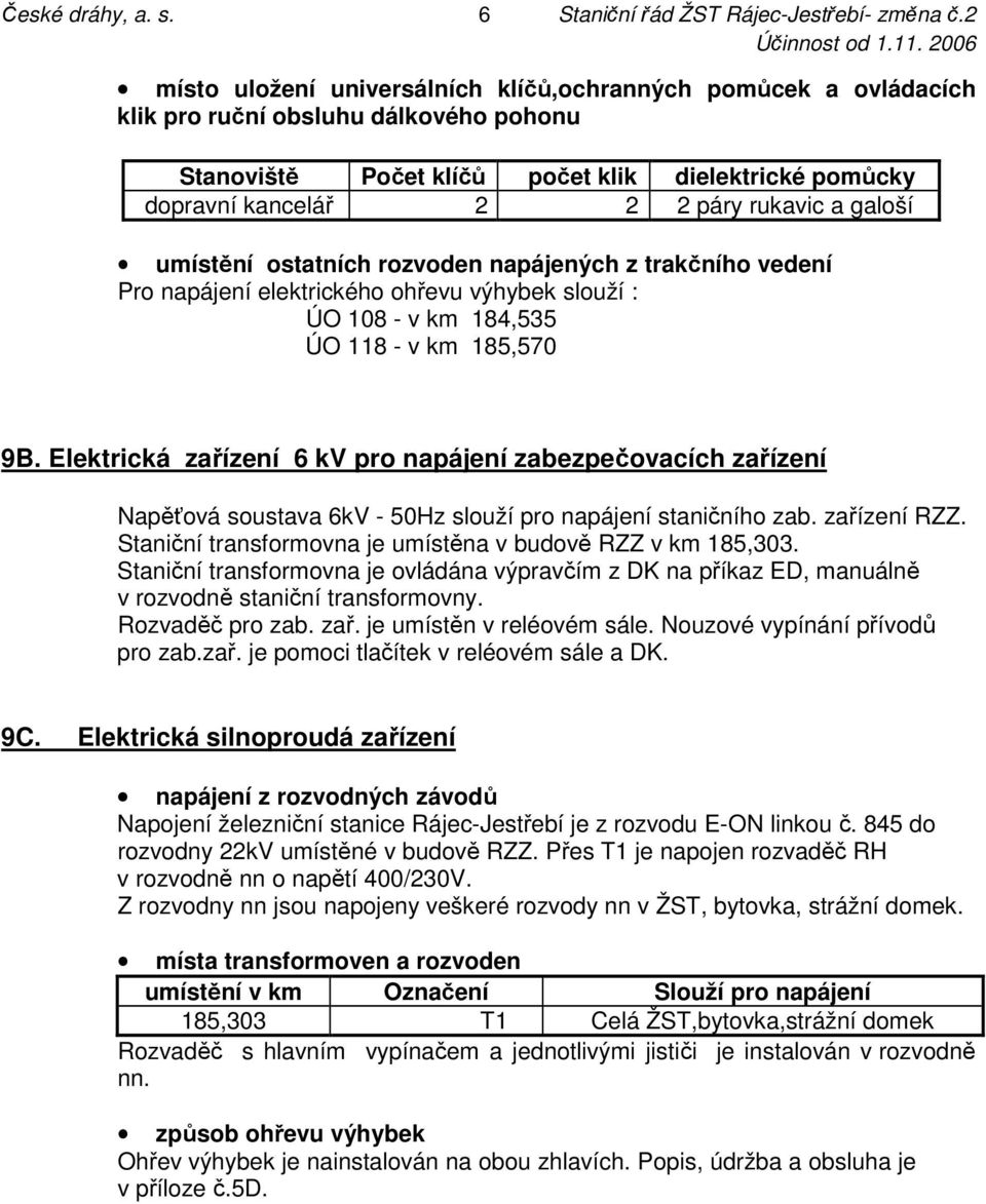 a galoší umístění ostatních rozvoden napájených z trakčního vedení Pro napájení elektrického ohřevu výhybek slouží : ÚO 108 - v km 184,535 ÚO 118 - v km 185,570 9B.