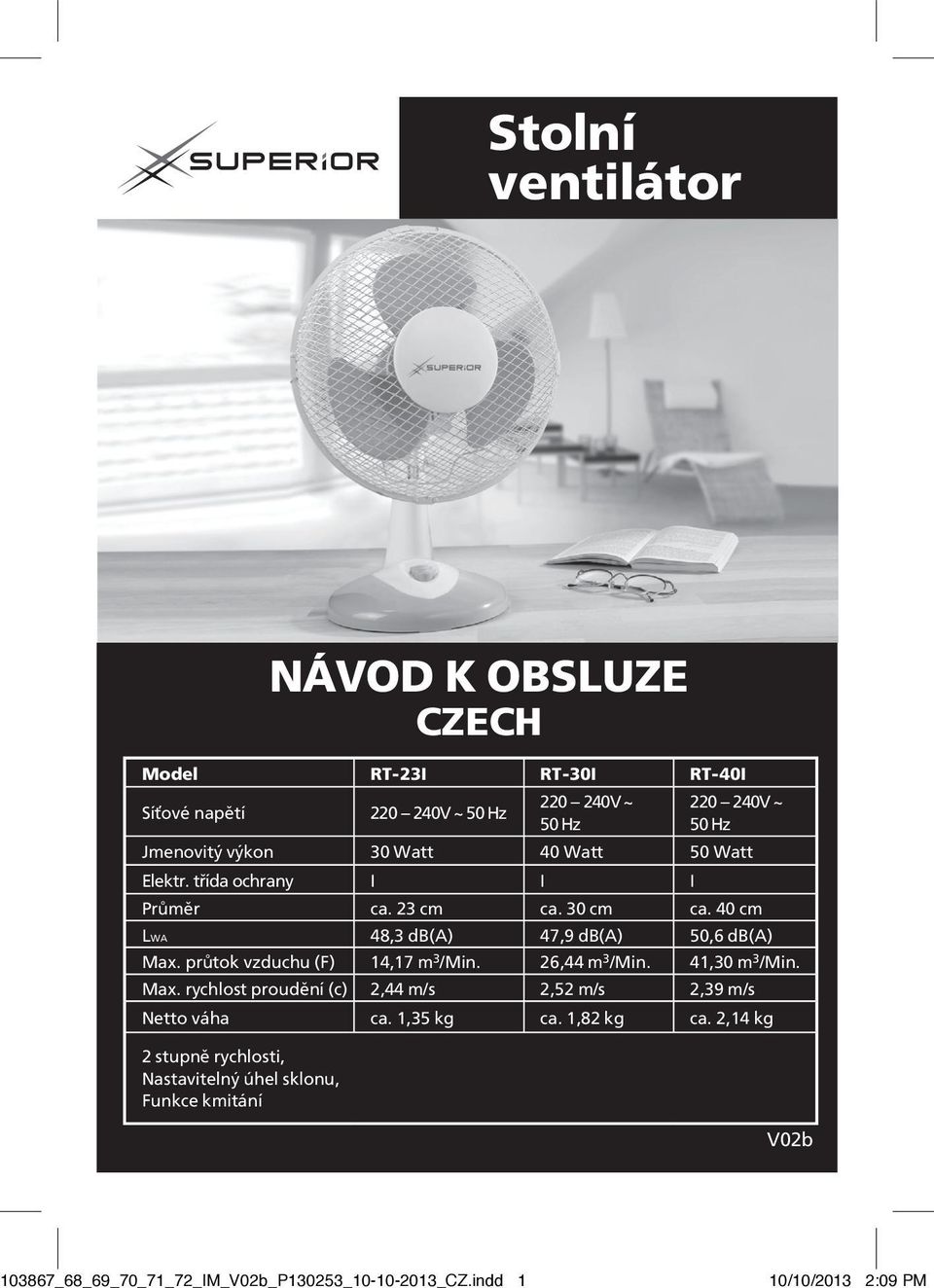 průtok vzduchu (F) 14,17 m 3 /Min. 26,44 m 3 /Min. 41,30 m 3 /Min. Max. rychlost proudění (c) 2,44 m/s 2,52 m/s 2,39 m/s Netto váha ca.