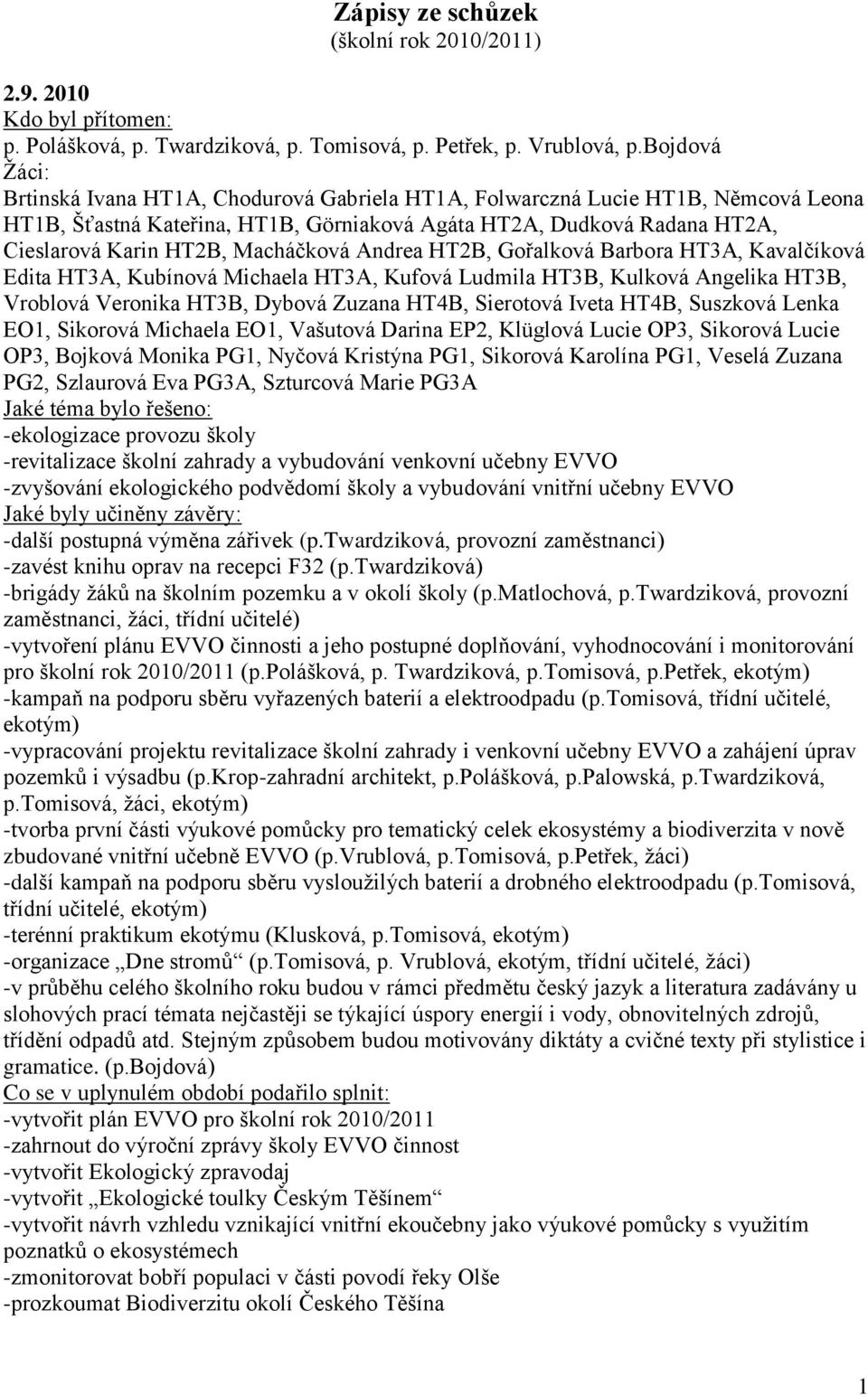 Andrea HT2B, Gořalková Barbora HT3A, Kavalčíková Edita HT3A, Kubínová Michaela HT3A, Kufová Ludmila HT3B, Kulková Angelika HT3B, Vroblová Veronika HT3B, Dybová Zuzana HT4B, Sierotová Iveta HT4B,