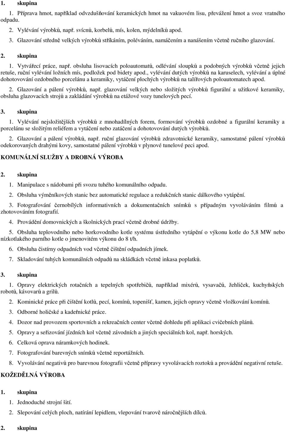 obsluha lisovacích poloautomatů, odlévání sloupků a podobných výrobků včetně jejich retuše, ruční vylévání ložních mís, podložek pod bidety apod.