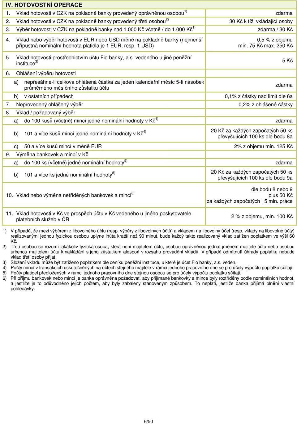 Vklad nebo výběr hotovosti v EUR nebo USD měně na pokladně banky (nejmenší přípustná nominální hodnota platidla je 1 EUR, resp. 1 USD) 5. Vklad hotovosti prostřednictvím účtu Fio banky, a.s. vedeného u jiné peněžní instituce 3) 0,5 % z objemu min.