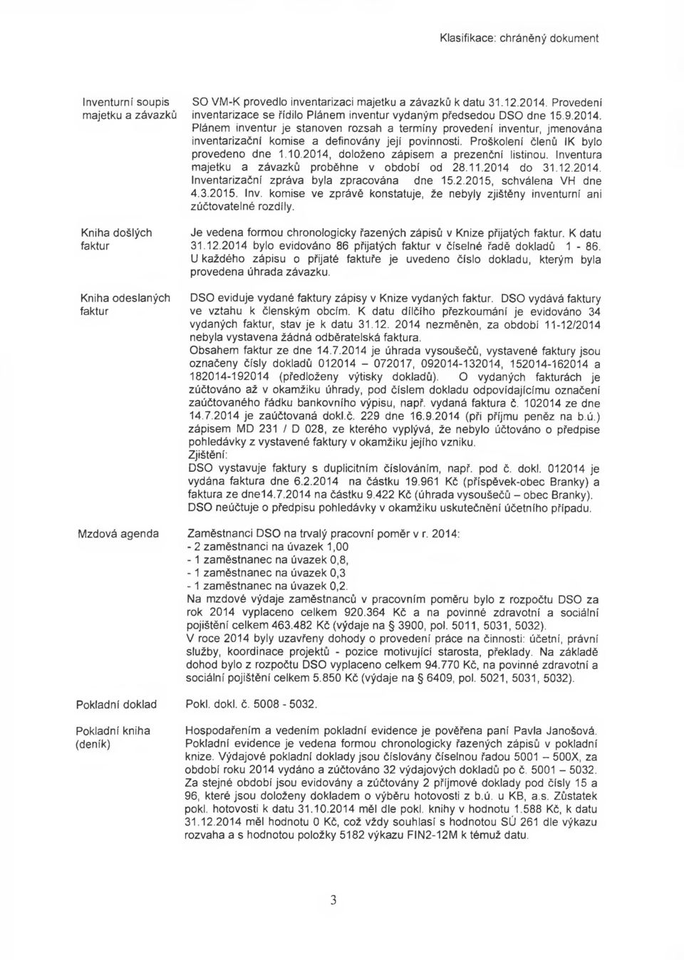 Proškolení členů IK bylo provedeno dne 1.10.2014, doloženo zápisem a prezenční listinou. Inventura majetku a závazků proběhne v období od 28.11.2014 do 31.12.2014. Inventarizační zpráva byla zpracována dne 15.